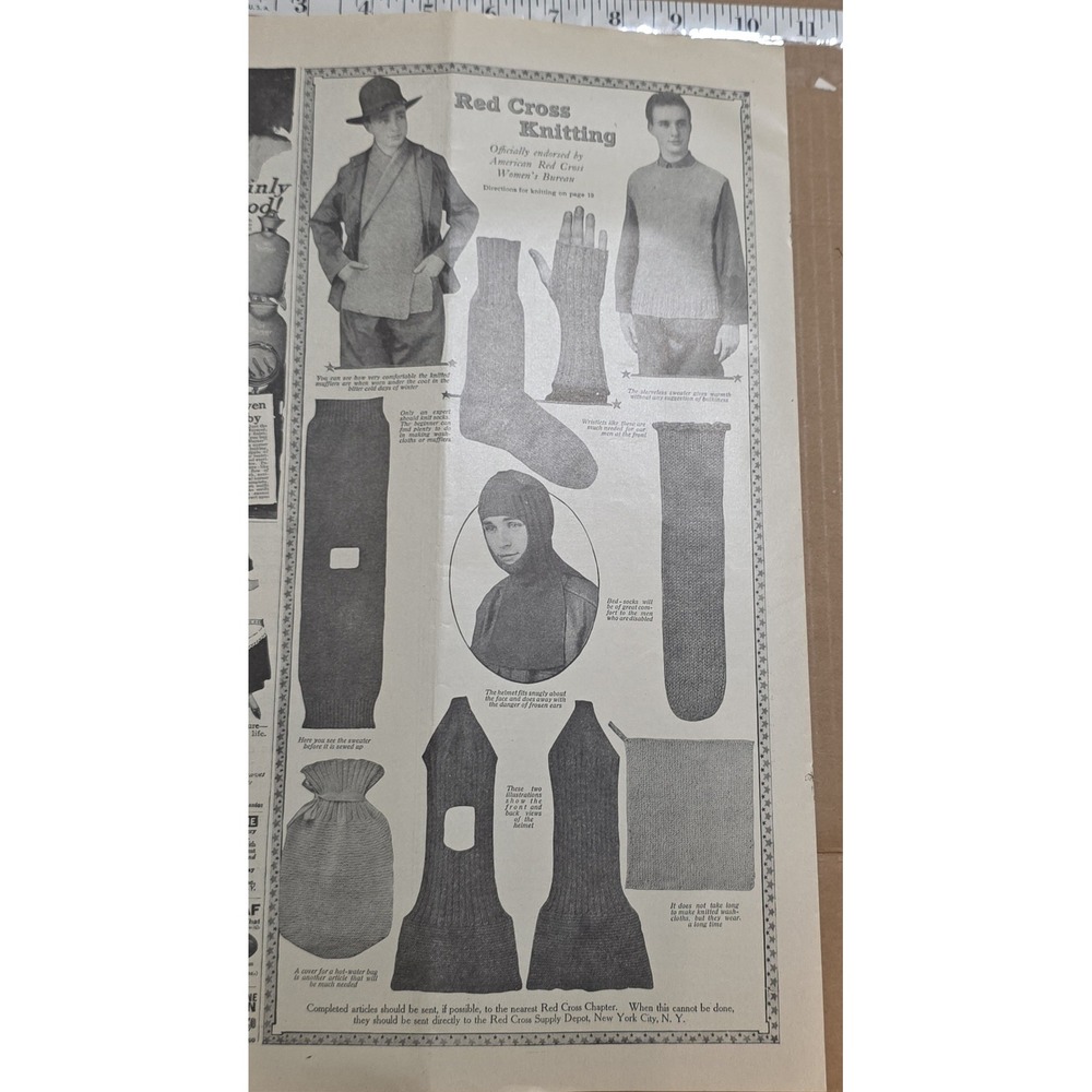 Vintage 1917 Red Cross Knitting Print Ad WWI Patterns Socks Sweater Helmet Art